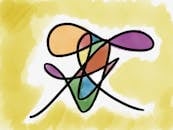 一幅充满活力的抽象画，以明亮的背景衬托，大胆的色彩调色板中交织着各种形状