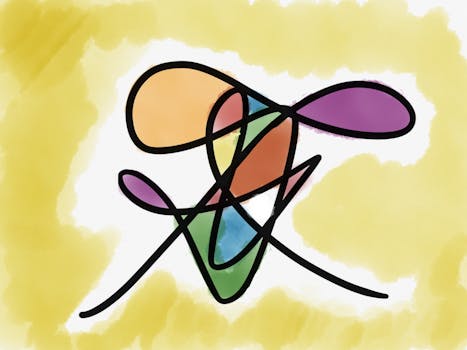 一幅充满活力的抽象画，以明亮的背景衬托，大胆的色彩调色板中交织着各种形状