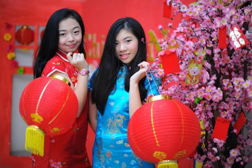 Women Posing with Lanterns