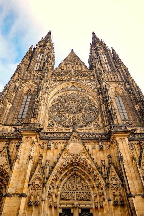Low Angle Shot of the St. Vitus Cathedral Facade in Prague, Czech Republic