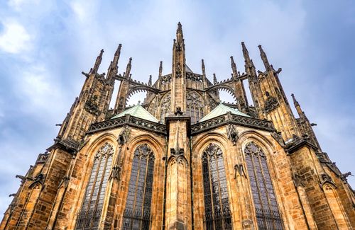Free Gothic architecture of St. Vitus Cathedral in Prague, showcasing detailed facades and spires. Stock Photo