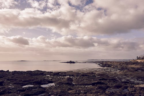 View of a Rocky Beach under a Cloudy Sky 