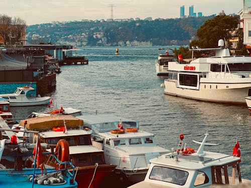 View of Boats in a Harbor on the Bosporus in Istanbul, Turkey 