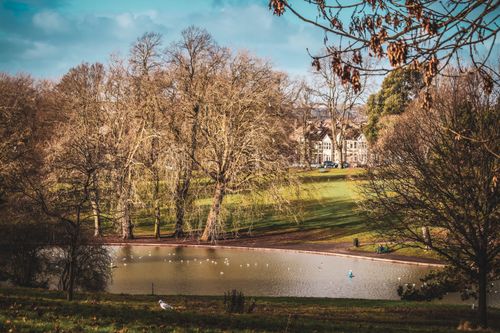 Free Beautiful autumn scenery at Victoria Park in Bristol, capturing leafless trees, a pond, and historic buildings. Stock Photo