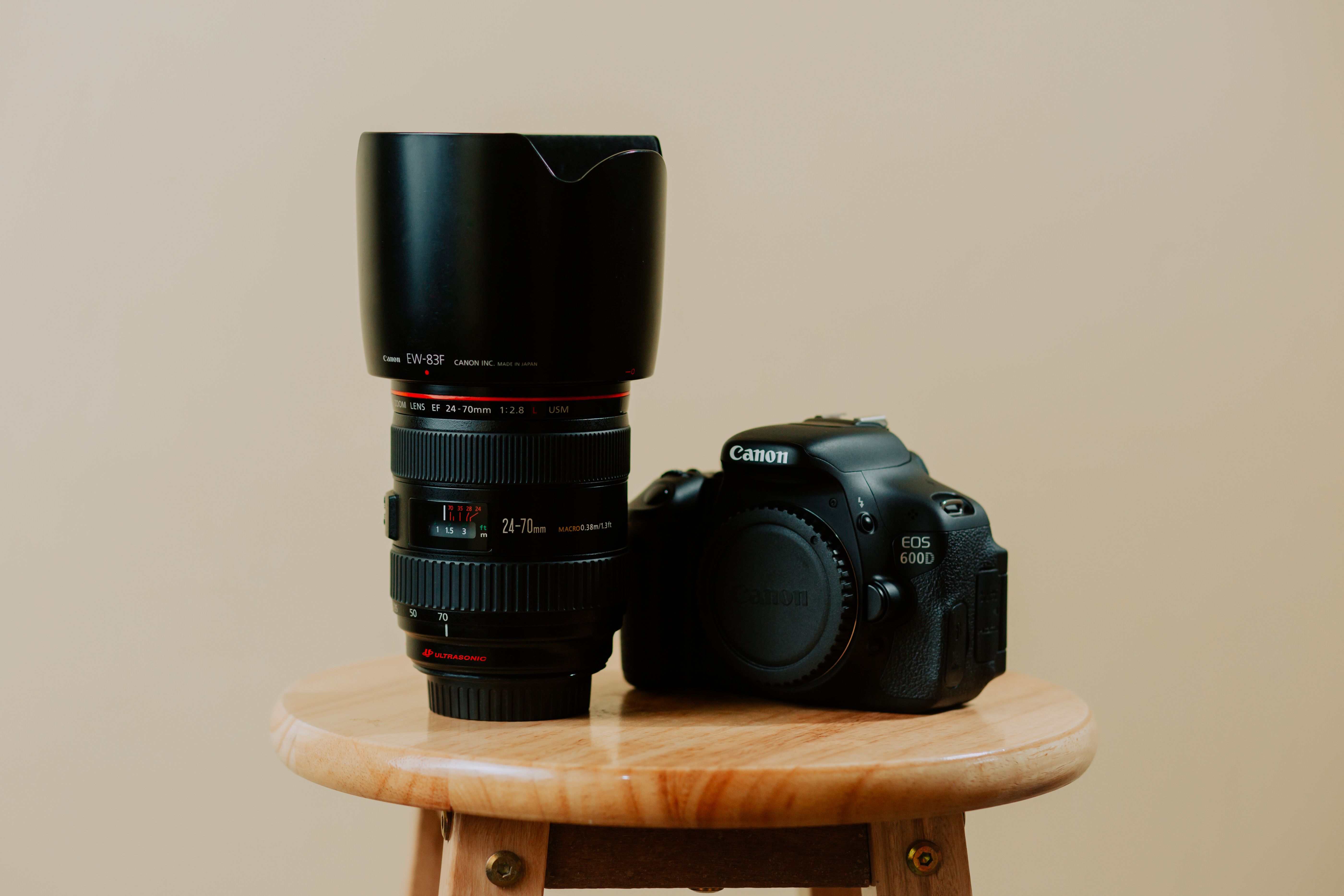 DSLR camera and lens on a stool