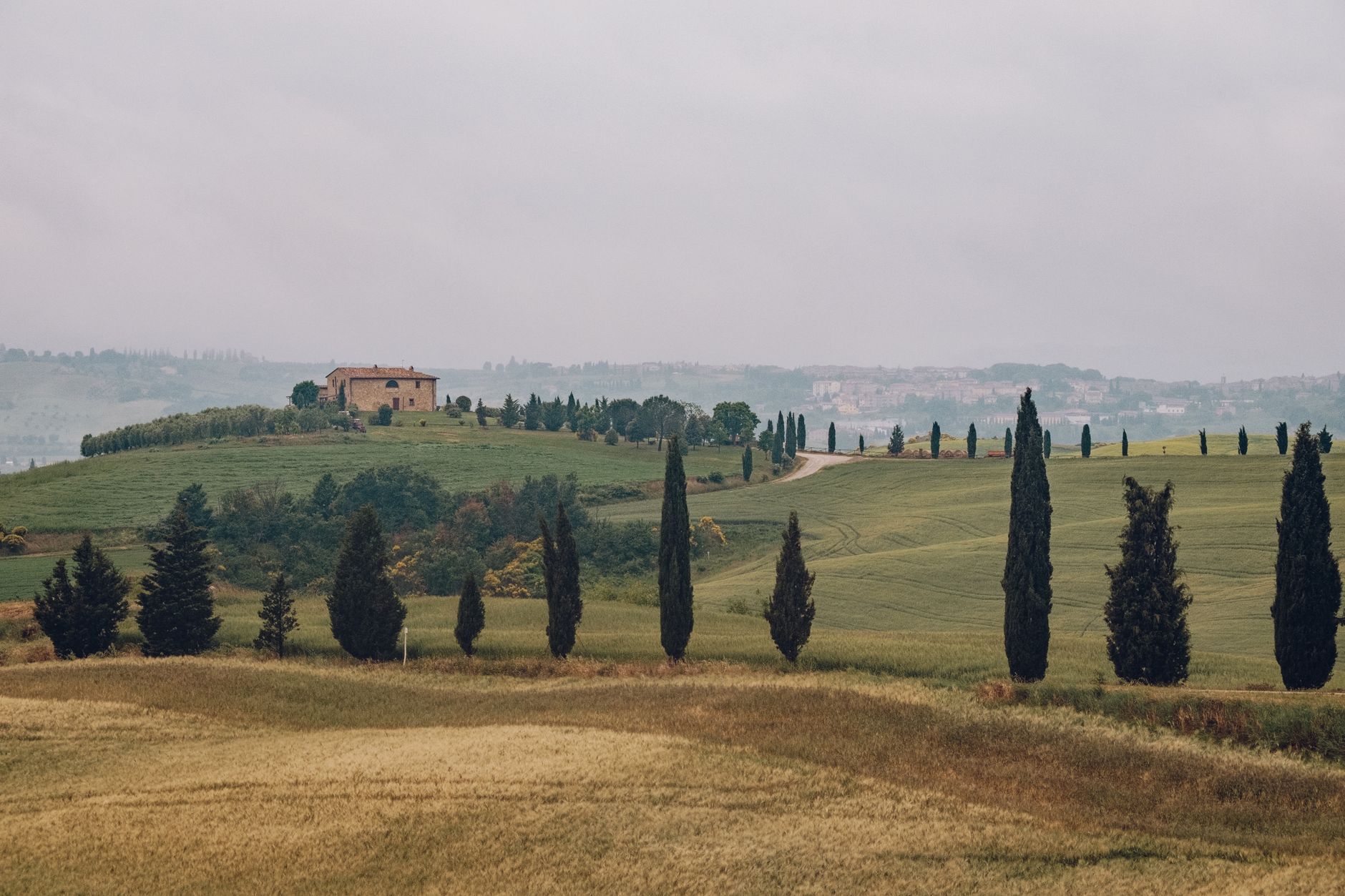 Overcast day in Tuscan hills featuring cypress trees and traditional stone house.