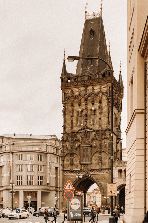 Free View of the iconic Powder Tower in Prague's historic old town square. Stock Photo