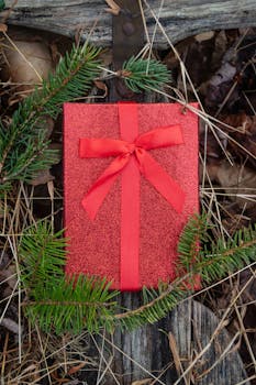 Festive red gift box with a bow amidst pine leaves on a rustic wood setting.
