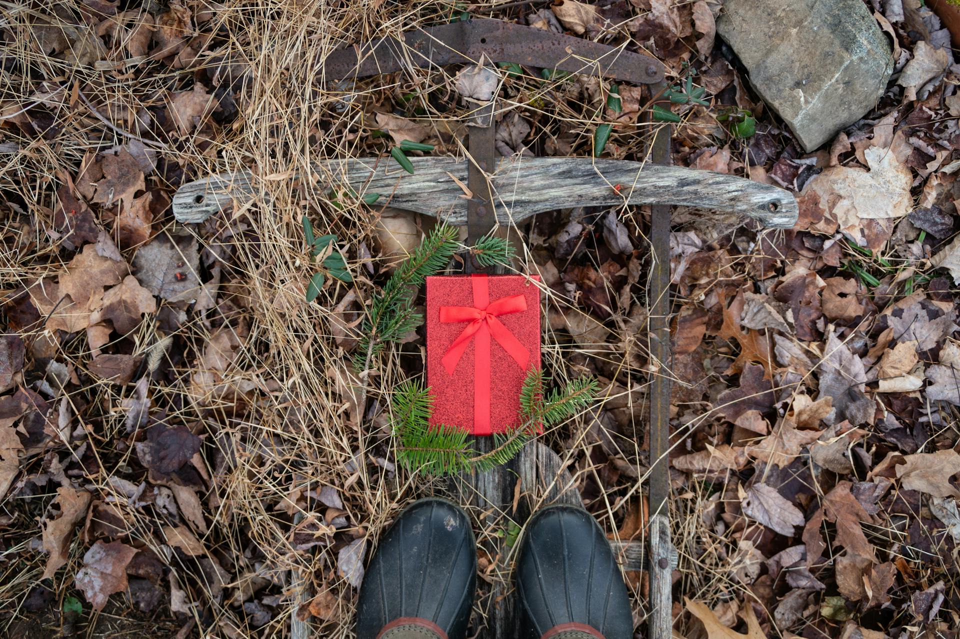 Red glittery present box on a rustic old wooden sled with pine needles and a pair of boots