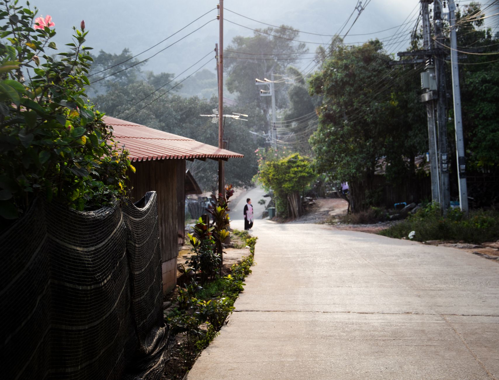A quiet Thai village road at dusk, several motorcycles near a fenced compound, tense investigative atmosphere