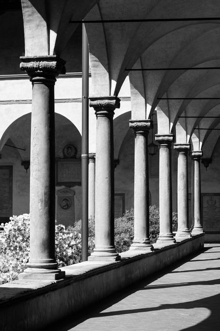 Dramatic black and white image of a corridor with classical columns casting shadows.