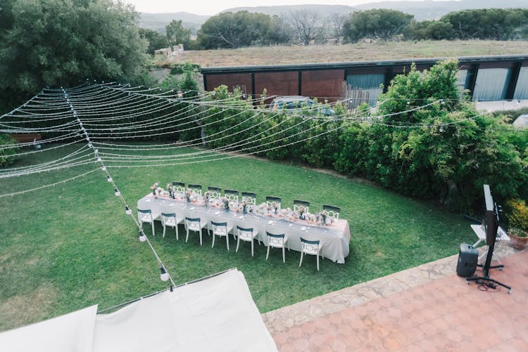 Light Bulbs Hanging Over Lawn In Garden