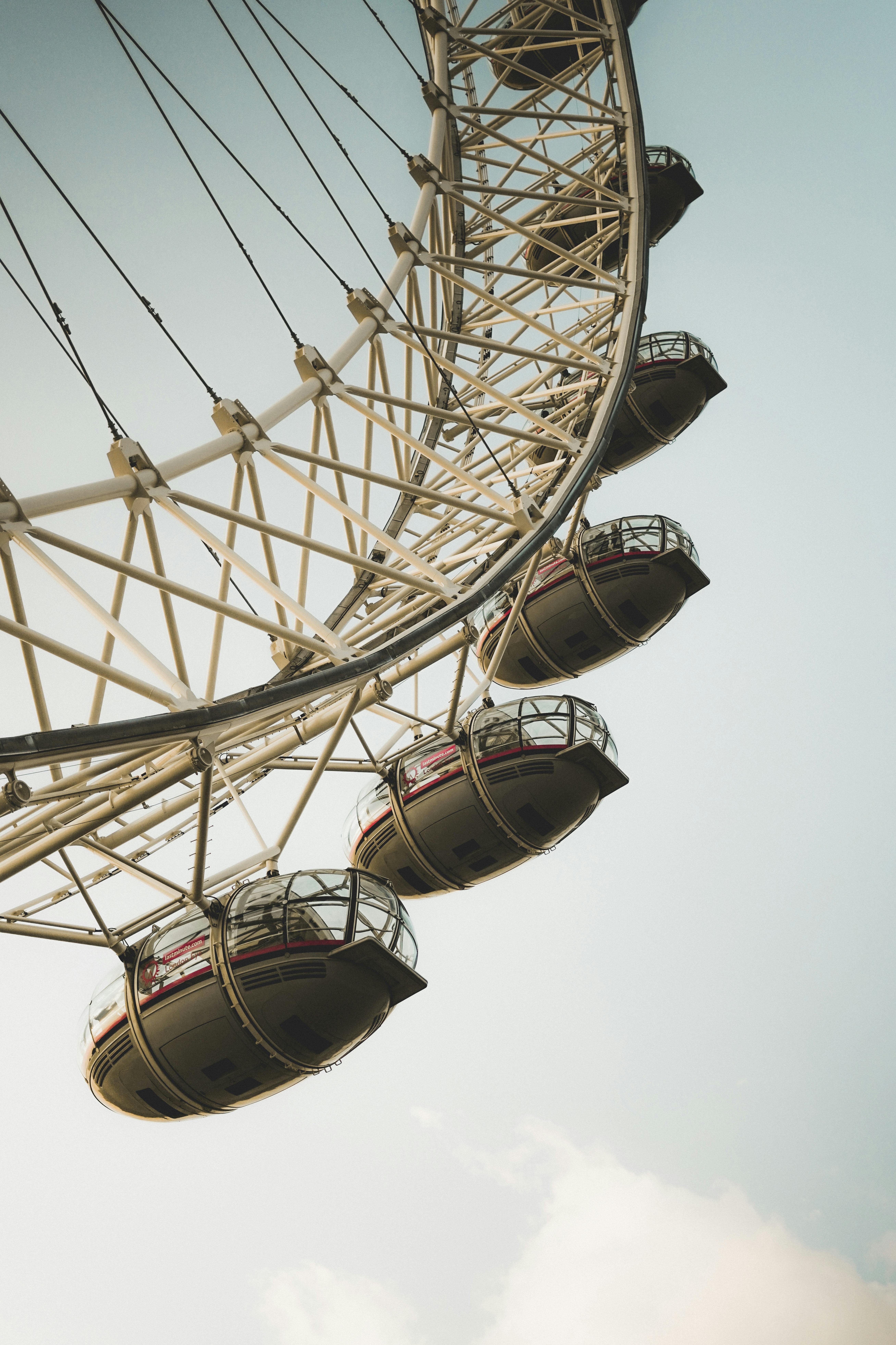 Low angle view of a Ferris wheel against a clear sky, capturing its modern structure.