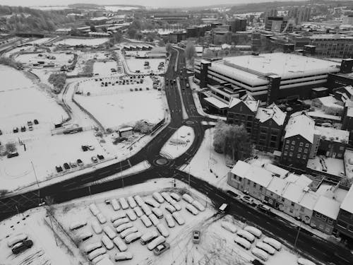Aerial View of Snow Covered Buildings
