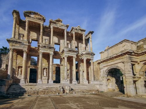 Free Stunning view of the ancient Celsus Library ruins in Ephesus, Turkey, under a clear blue sky. Stock Photo