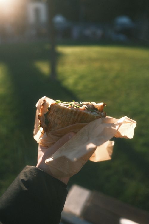 Free Hand holding a freshly made sandwich wrapped in paper in a sunny Dublin park, showcasing casual outdoor dining. Stock Photo