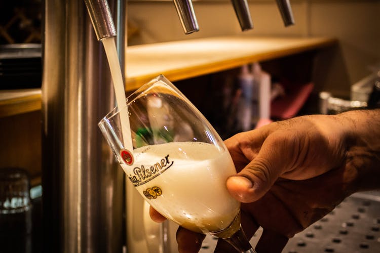 Close Up Of Pouring Beer To Glass