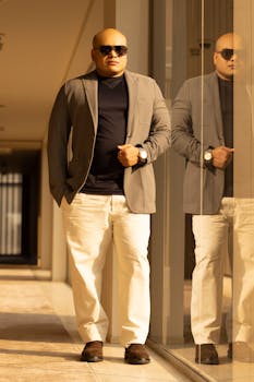 Bald man in elegant attire posing with confidence in a modern glass corridor.
