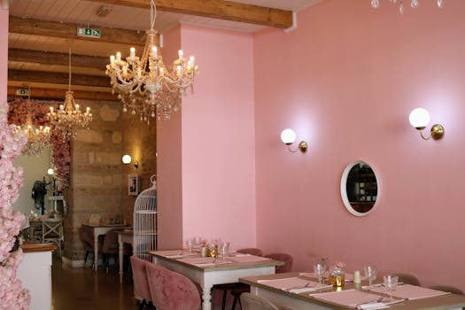Charming pink-themed restaurant interior in Budapest featuring chandeliers and stylish decor.