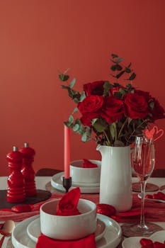Elegant dining table with red roses and champagne for romantic occasions like Valentine's Day.