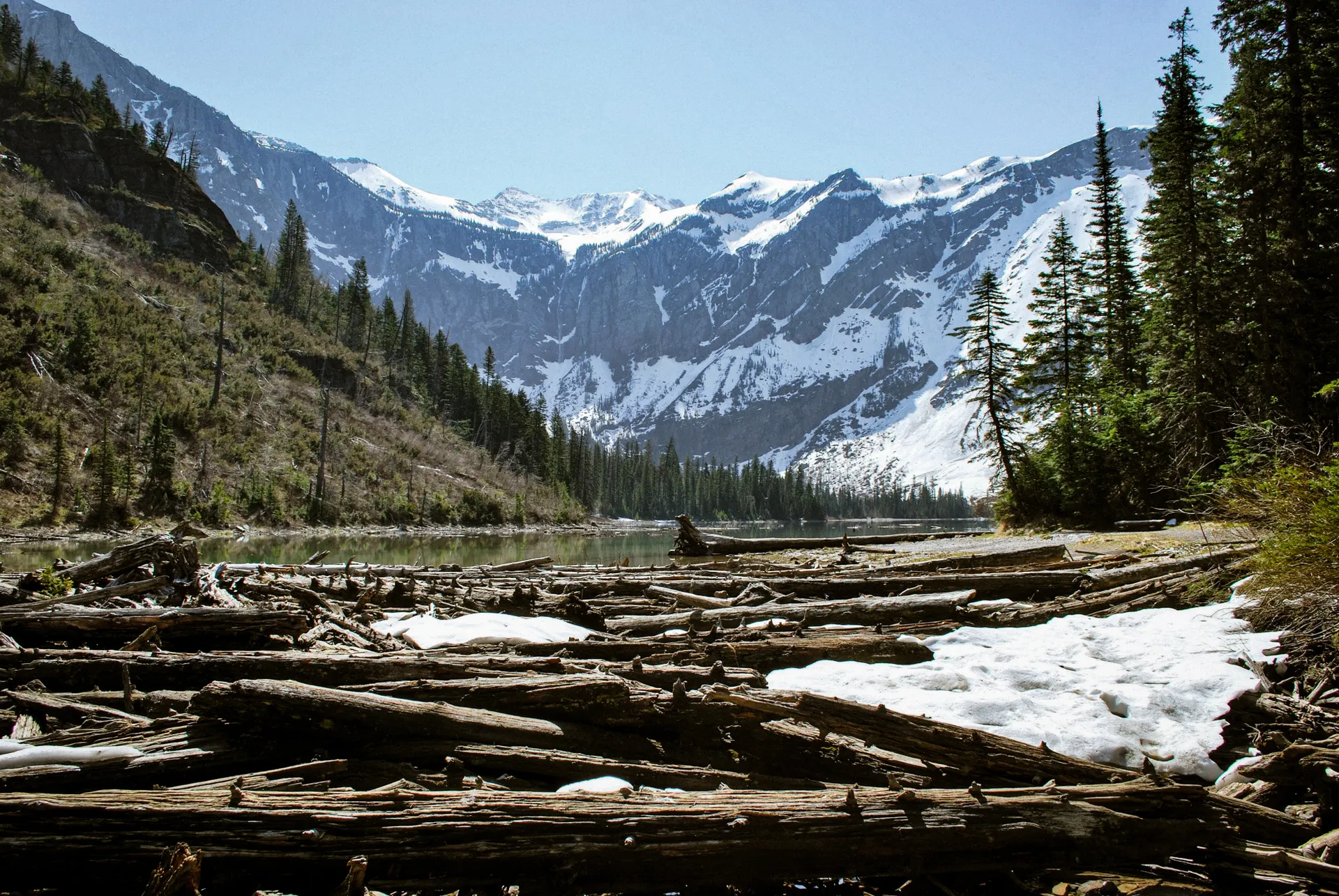 A view of snow-capped mountains and a river with log-studded banks. A view of snow-capped mountains and a river with log-studded banks.