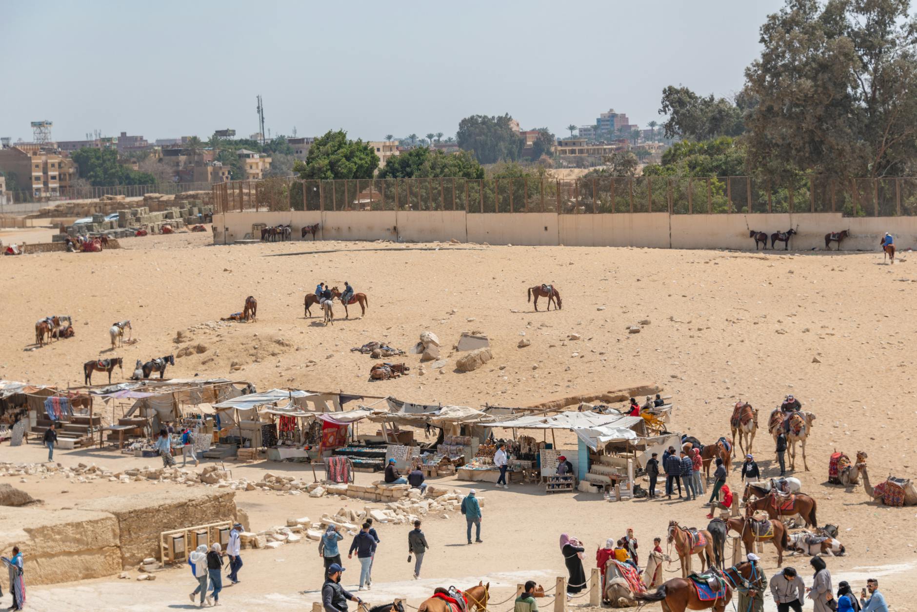 A vibrant desert bazaar with people and camels near the Giza pyramids.