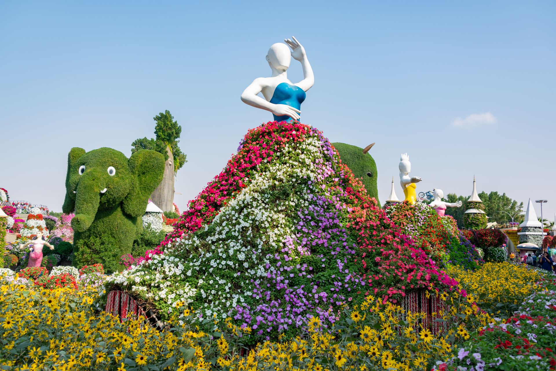 Colorful flower sculptures at the famous Miracle Garden in Dubai. A stunning visual spectacle for to