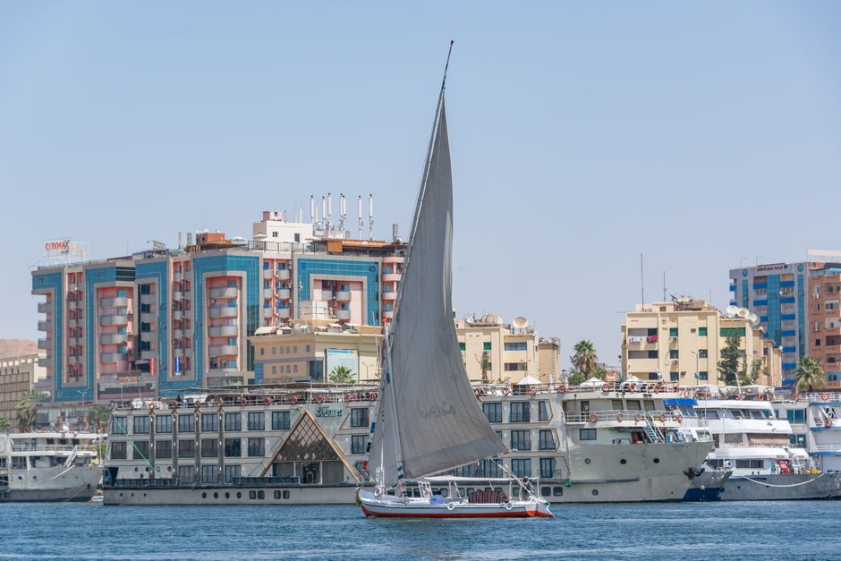 Luxury Nile cruise ship sailing between Luxor and Aswan, Egypt
