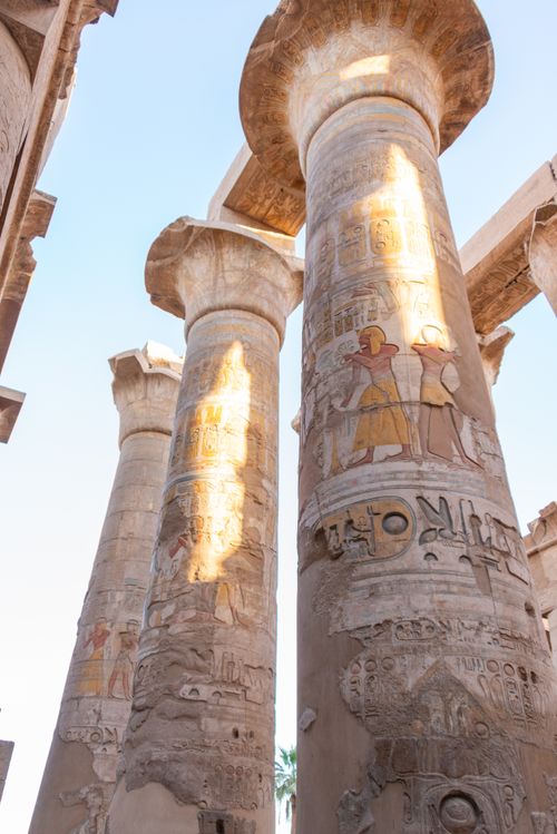 Free Detailed view of ancient Egyptian columns with hieroglyphs at Karnak Temple. Stock Photo