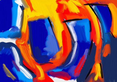 Dynamic abstract expressionist artwork featuring bold blues, oranges, and yellows creating a vibrant composition.
