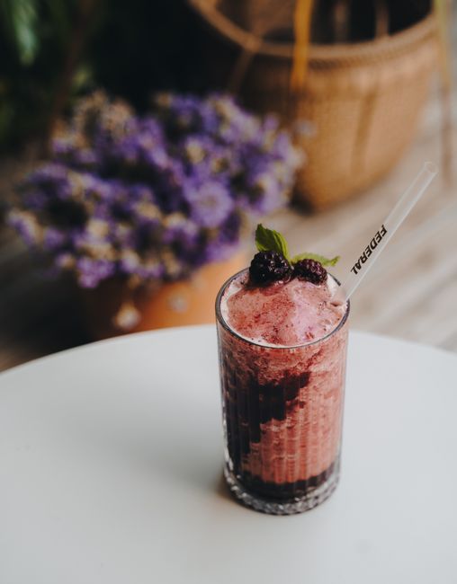 Delicious blackberry mint frozen drink with berry garnish, perfect for summer refreshment.