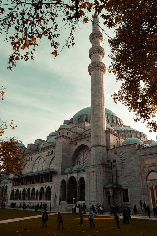 Free Beautiful view of the historical Süleymaniye Mosque minaret surrounded by fall foliage in Istanbul. Stock Photo