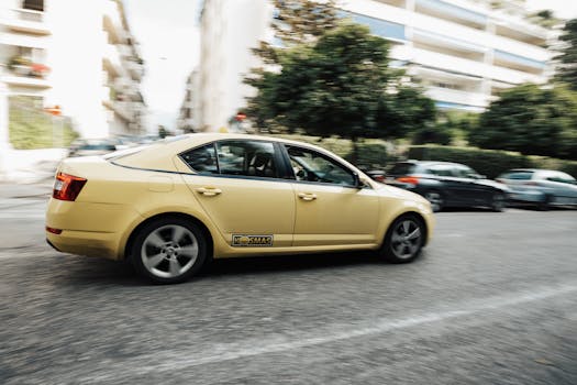 A yellow taxi speeds down a city street, capturing the essence of urban life and transportation.