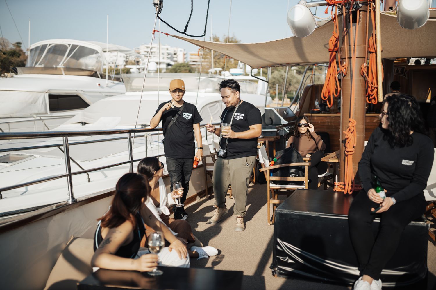 Guests celebrating at a luxury yacht cruise party in the marina