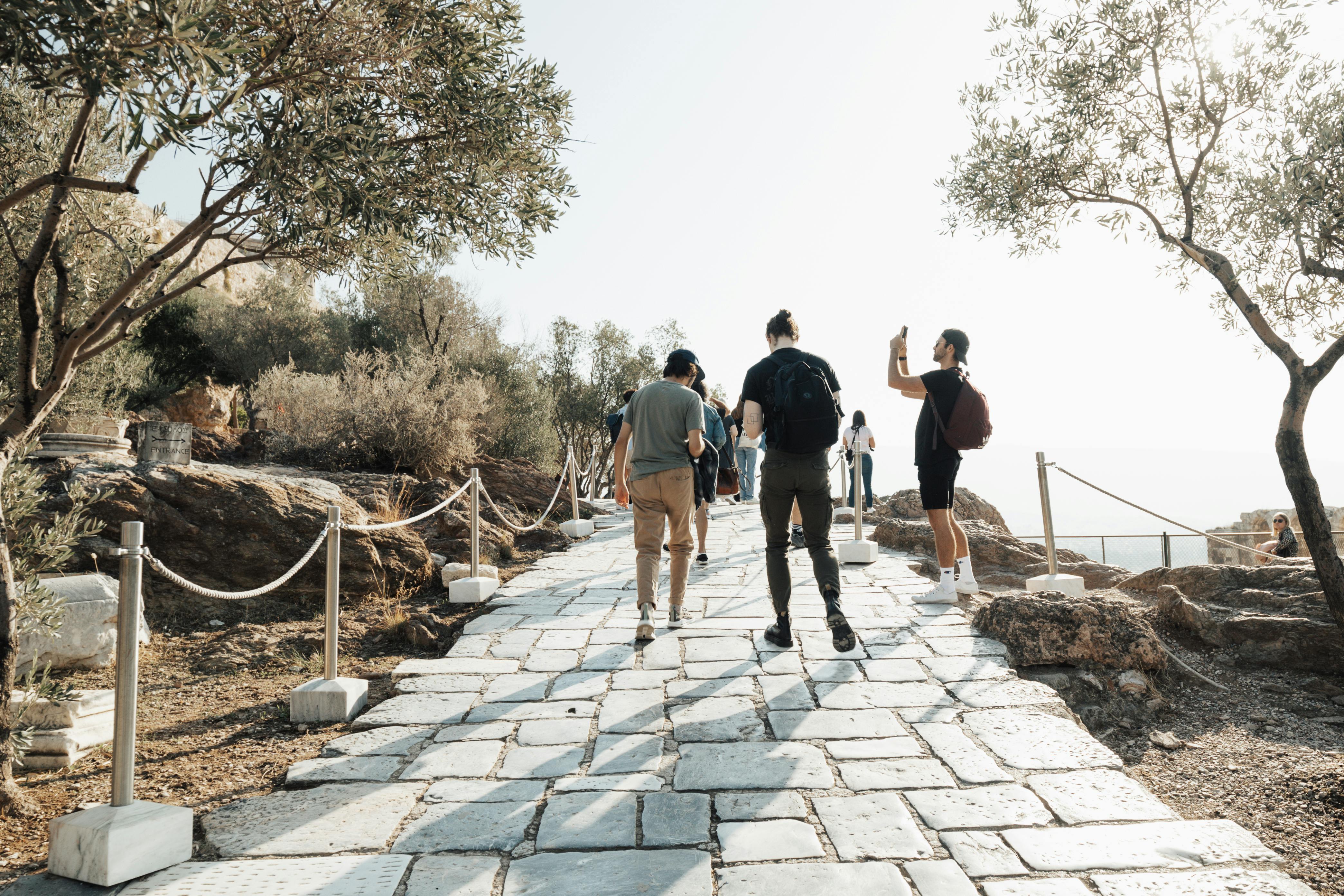 people walking on a stone path with trees in the background