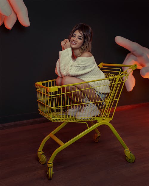 A Woman Sitting in a Shopping Cart