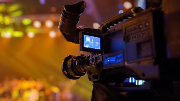 Detailed view of a video camera capturing a live event on stage with blurred lights in the background.
