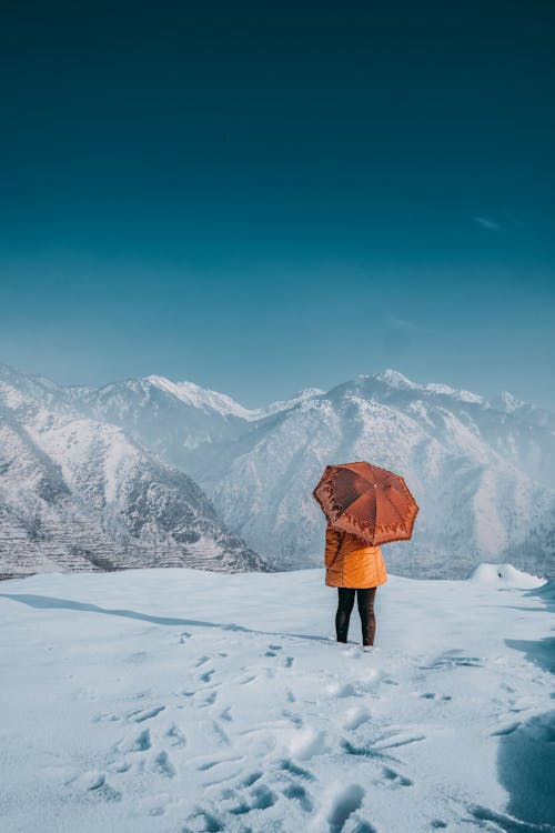 Person Standing with Umbrella in Mountains