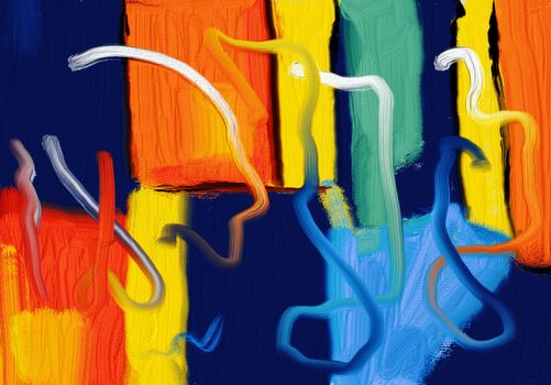 Colorful abstract painting with bold brushstrokes and vibrant hues creating dynamic movement.