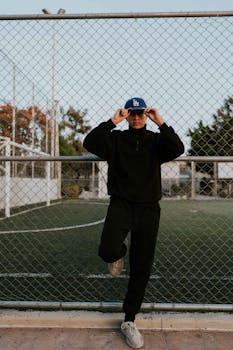 Stylish man in black attire poses by sports ground under soft daylight.