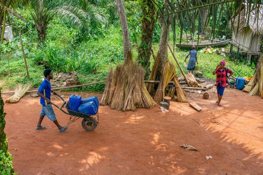 People working in a rural village farm setting, with lush greenery and traditional huts.