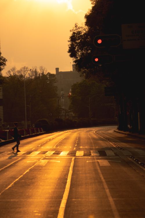 Free A serene urban scene during golden hour with a lone pedestrian crossing an empty city street. Stock Photo