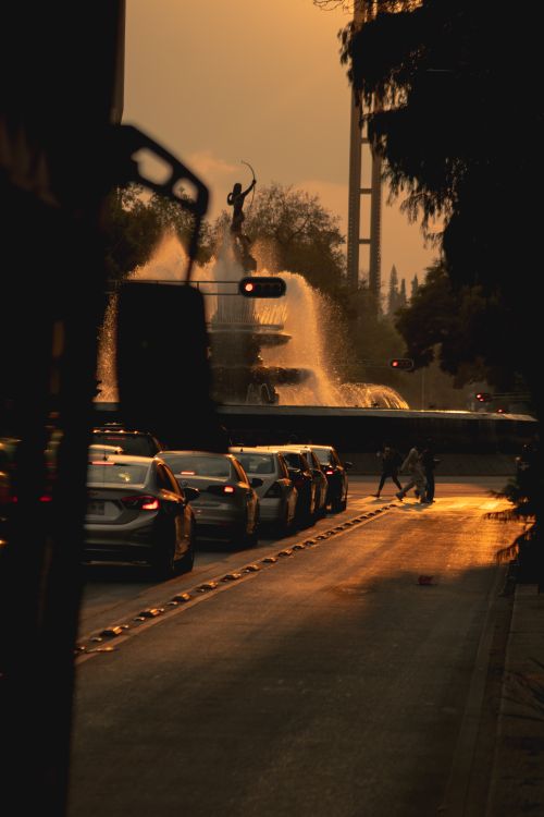 Free City scene with a fountain, cars, and pedestrians during golden hour, conveying urban life. Stock Photo