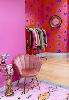Colorful room with pink armchair and clothing rack creating a chic boutique vibe.