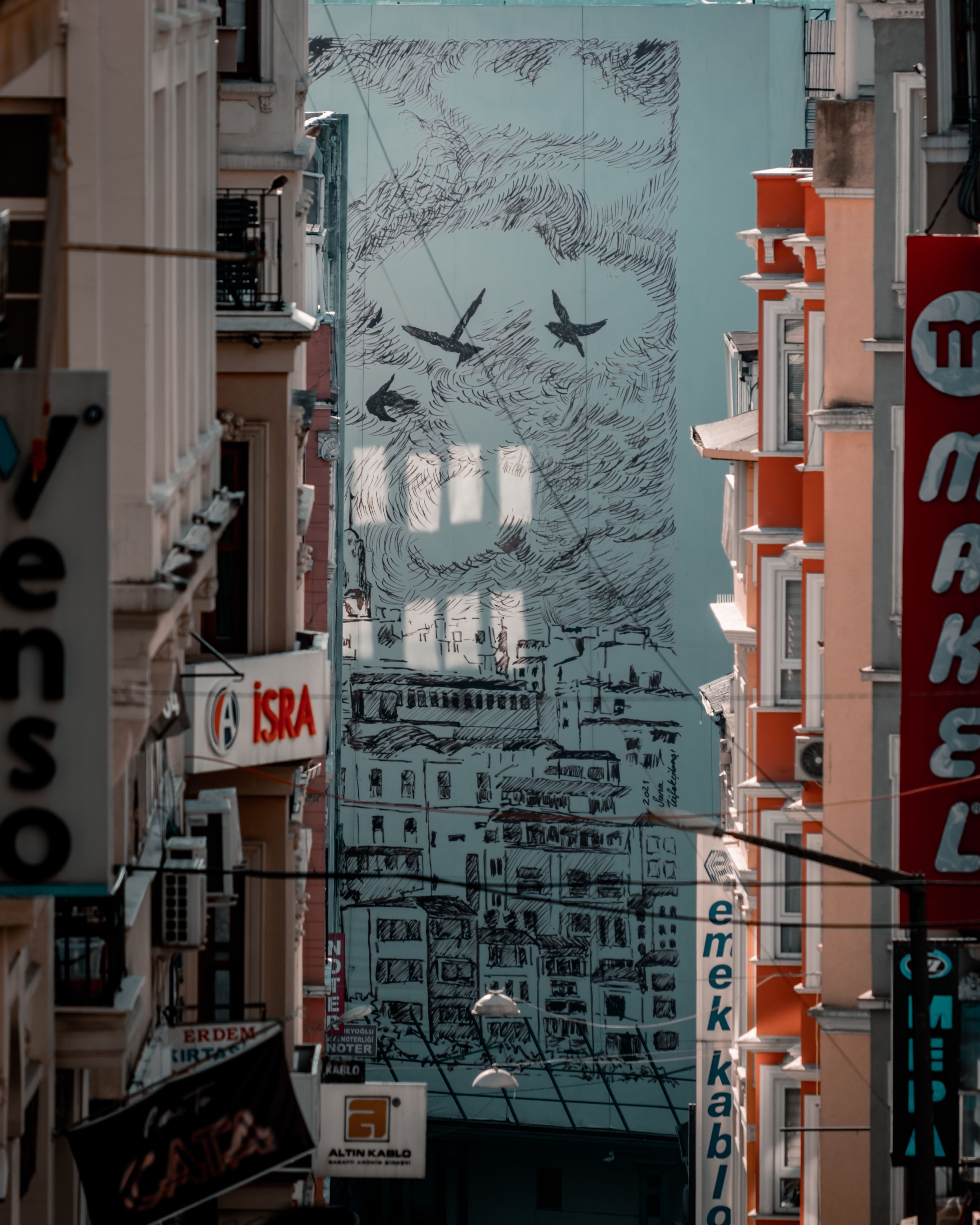 Street view of urban mural with cityscape and flying birds between buildings.
