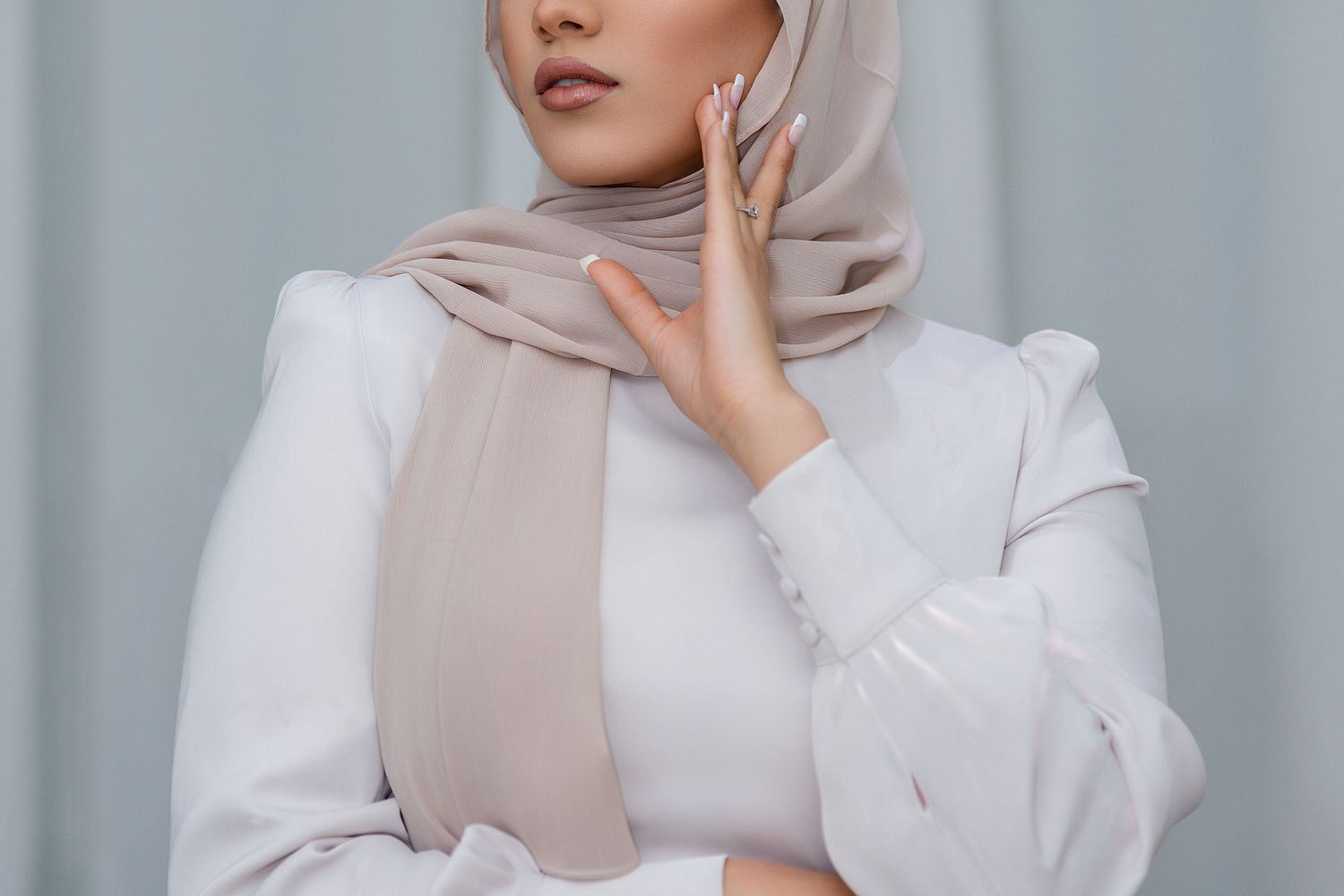 Satin midi skirt with a modest blouse