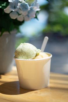 Refreshing ice cream scoops in a cup on a sunny day, perfect for summer treats.