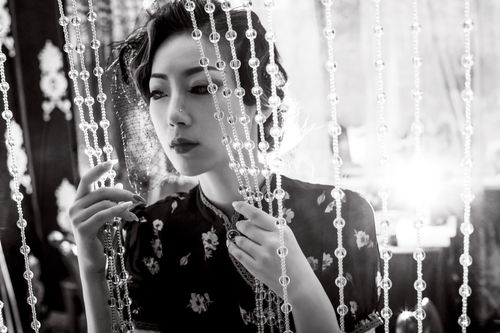 Free Dramatic portrait of a woman behind a beaded curtain in black and white, evoking vintage elegance. Stock Photo