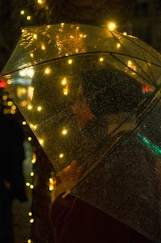 Man holding a transparent umbrella, amidst glowing city lights, capturing a moody night scene.