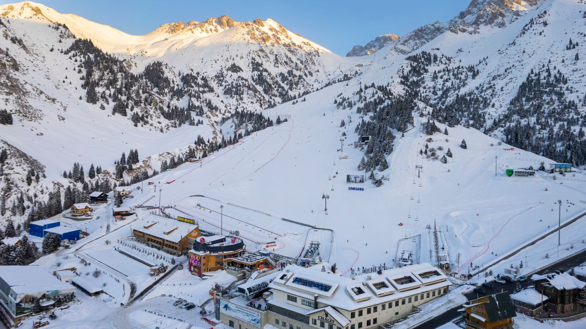 Aerial view of a winter resort with snowy surroundings